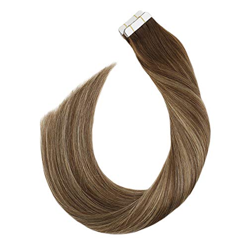 Ugeat Tape in Hair Extensions Human Hair #4/27/4 Balayage Marrón y Rubio 14 Pulgadas Extensiones de Pelo con Cinta Invisible 50 Gramos