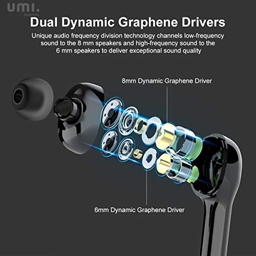 Umi by Amazon Auriculares inalámbricos Bluetooth 5.0 con Hybrid Drivers Quad Umibuds Altavoces de grafeno duales dinámicos Auriculares Bluetooth inalambricos estéreo IPX7 Resistentes al Agua (Negro)