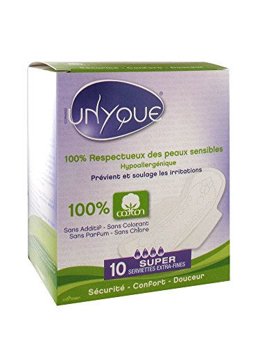 UNYQUE Compresas Algodon Puro 100% - Previene Irritaciones Hipoalergénicas Super Absorbentes Extrafinas y Con Alas - Flujo Intenso – Apta Pieles Sensibles - 10 Unidades