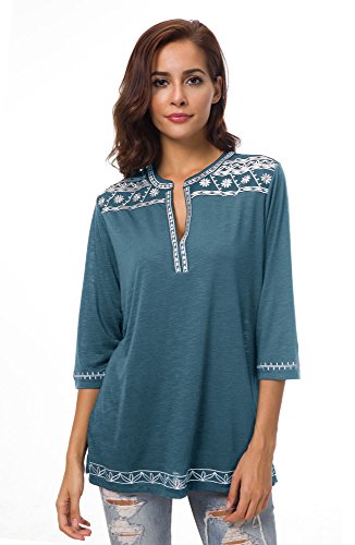 Urban GoCo Mujer Camisas Manga 3/4 Boho Blusa Bordado T-Shirt Tops (X-Large, Azul Tinta)