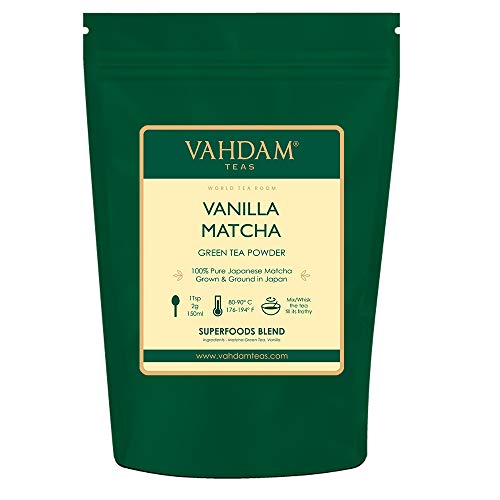 VAHDAM, té verde matcha de vainilla (50 porciones) | 100% PURE Matcha Tea Powder de origen japonés | 137x ANTIOXIDANTES | Té verde para bajar de peso | SUPER COMIDA de Japón, 100 g