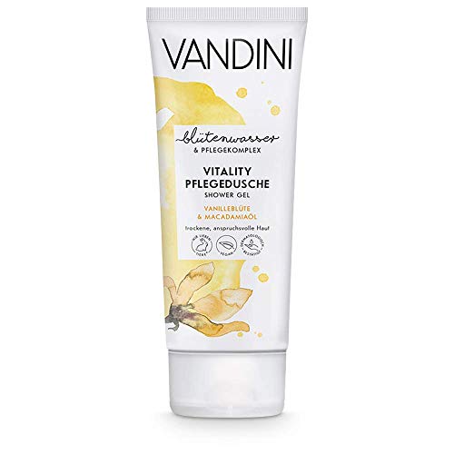 VANDINI Vitality Gel de ducha para mujer con flor de vainilla y aceite de macadamia, gel de ducha para piel seca a exigente, gel de ducha vegano para mujeres sin siliconas ni parabenos (1 x 200 ml)