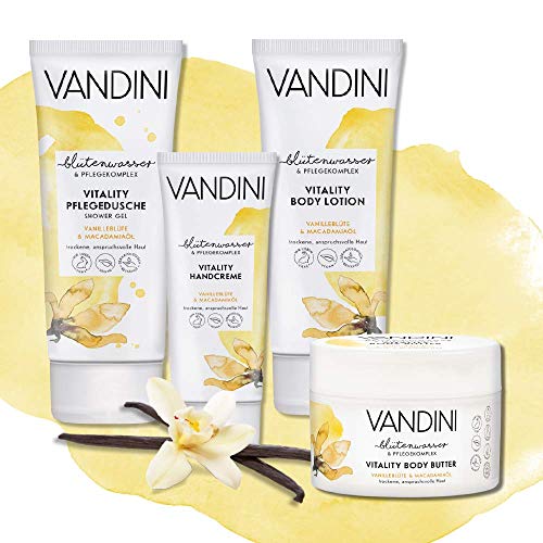 VANDINI Vitality Gel de ducha para mujer con flor de vainilla y aceite de macadamia, gel de ducha para piel seca a exigente, gel de ducha vegano para mujeres sin siliconas ni parabenos (1 x 200 ml)