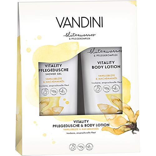 VANDINI VITALITY - Set de regalo de flor de vainilla y aceite de macadamia, contenido: gel de ducha 200 ml, loción corporal 200 ml