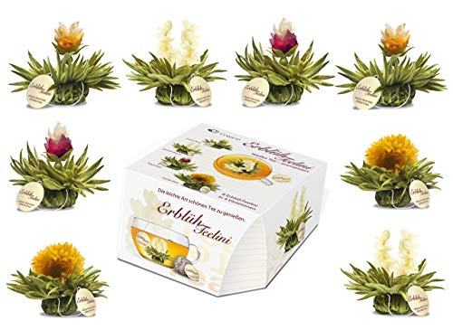 Variación de flores de té “Té Floreciente Teelini” de Creano, en un exclusivo formato para tazas / 8 flores de té en 4 variaciones diferentes (té blanco)