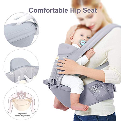 Viedouce Portabebe Ergonómico con Asiento/Puro algodón Ligero y Transpirable/Multiposición:Dorsal, Ventral, Ajustable para Recién Nacidos y Niños Pequeños de 3-48meses (3.5 a 20 Kg)