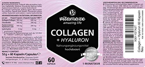 Vitamaze® Colágeno Puro + Ácido Hialurónico Cápsulas + Condroitina + Lisina, 600 mg de Colágeno al Día, 60 Cápsulas durante 1 Mes, Suplementos sin Aditivos Innecesarios, Calidad Alemana