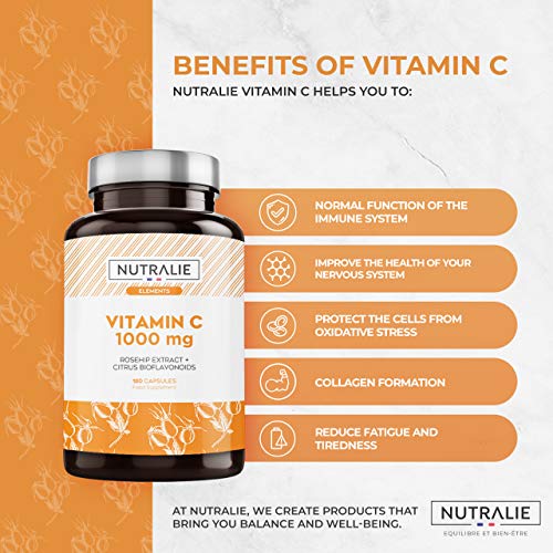 Vitamina C 1000 mg Pura Vegana por dosis | Para Cansancio y Fatiga, Sistema Inmunológico y Antioxidante con Escaramujo y Bioflavonoides sin Aditivos | 180 Cápsulas Veganas Nutralie