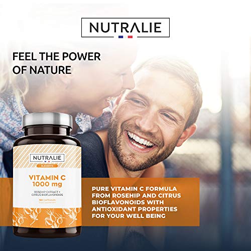 Vitamina C 1000 mg Pura Vegana por dosis | Para Cansancio y Fatiga, Sistema Inmunológico y Antioxidante con Escaramujo y Bioflavonoides sin Aditivos | 180 Cápsulas Veganas Nutralie