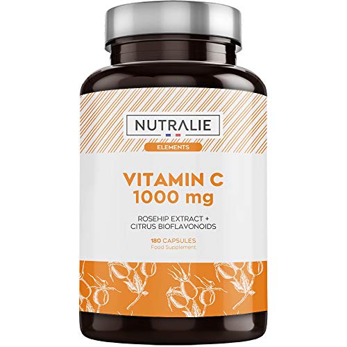 Vitamina C 1000 mg Pura Vegana por dosis | Para Cansancio y Fatiga, Sistema Inmunológico y Antioxidante con Escaramujo y Bioflavonoides sin Aditivos | 180 Cápsulas Veganas Nutralie