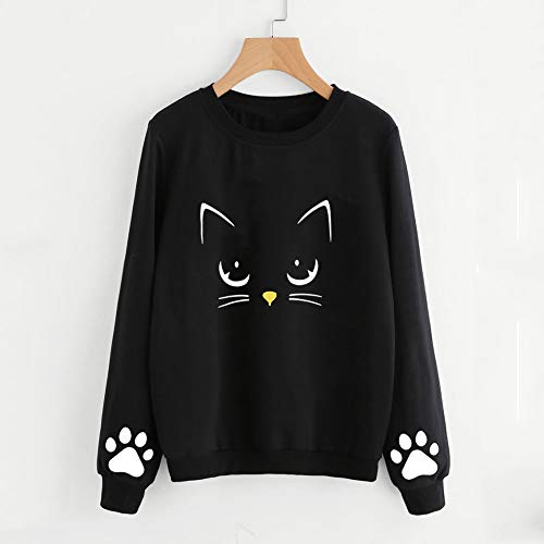 VJGOAL Mujeres Moda Casual Otoño e Invierno Lindo Gato impresión Suéter de Cuello Redondo de Manga Larga Color sólido Blusa Jersey(2XL，Negro