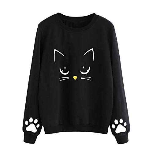 VJGOAL Mujeres Moda Casual Otoño e Invierno Lindo Gato impresión Suéter de Cuello Redondo de Manga Larga Color sólido Blusa Jersey(2XL，Negro