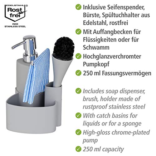 Wenko Spül-Set Empire - Spülmittelspender, Spülbürste, Handtuchhalter, Fassungsvermögen: 0,25 l, Soft-Touch Keramik, 11 x 19 x 12,5 cm, grau