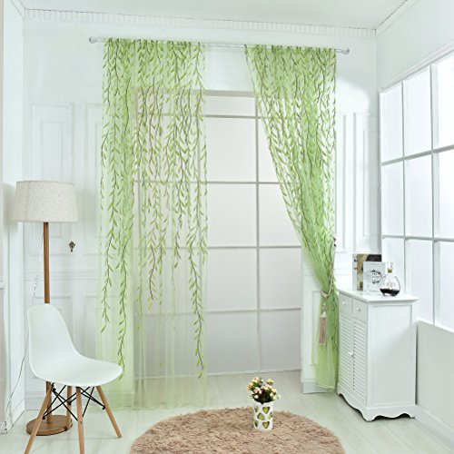 WINOMO Visillos para Ventanas Cortina Voile con Bordado Hoja Verde 100x270cm