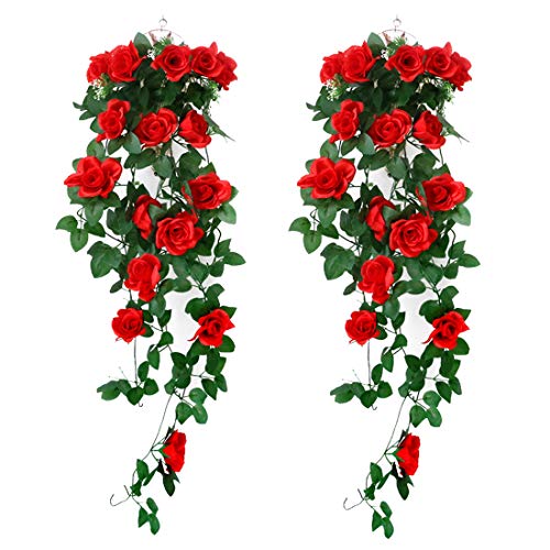 XONOR 2 Unidades Artificiales Plantas Colgantes - Falsas Flores de Seda Rosa Colgando Guirnalda de ratán Hiedra para la Fiesta de Bodas jardín decoración de la Pared (Rojo, 2)