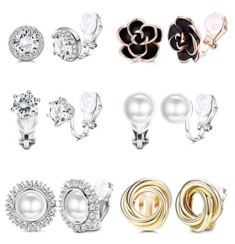 YADOCA 6 Pares Pendientes Clip para Mujeres Niñas Pendiente Perla Plata Flor Oro Rosa Hipoalergénico Set Pendientes Clip Mujer Sin Agujero