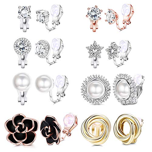 YADOCA 8 Pares Pendientes Clip Mujer Pendientes Flor Rose Cz Pendientes Perla Pendientes Sin Agujero No Perforado Set Clip Pendientes para Mujeres Niñas