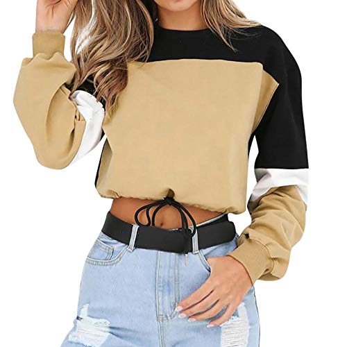 YEBIRAL Sudaderas Mujer,Otoño Invierno Original Tumblr Patchwork Crop Tops Camisas Dobladillo con Cordones Sudaderas Cortas Sudaderas Adolescentes Chicas