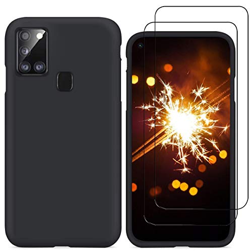 YiKaDa - Funda para Samsung Galaxy A21s + [2 Unidades] Cristal Templado Protector de Pantalla, Cáscara Suave de Silicona TPU Líquida Funda Forro de Gamuza de Microfibra Suave Cojín - Negro