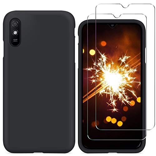 YiKaDa - Funda para Xiaomi Redmi 9A + [2 Unidades] Cristal Templado Protector de Pantalla, Cáscara Suave de Silicona TPU Líquida Funda Forro de Gamuza de Microfibra Suave Cojín - Negro