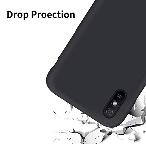 YiKaDa - Funda para Xiaomi Redmi 9A + [2 Unidades] Cristal Templado Protector de Pantalla, Cáscara Suave de Silicona TPU Líquida Funda Forro de Gamuza de Microfibra Suave Cojín - Negro