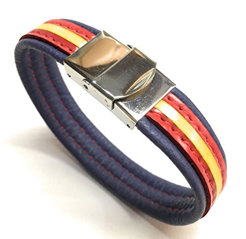 YOJAN PIEL Pulsera De Cuero Bandera De España (Fabricada Artesanalmente) (Azul Oscuro)