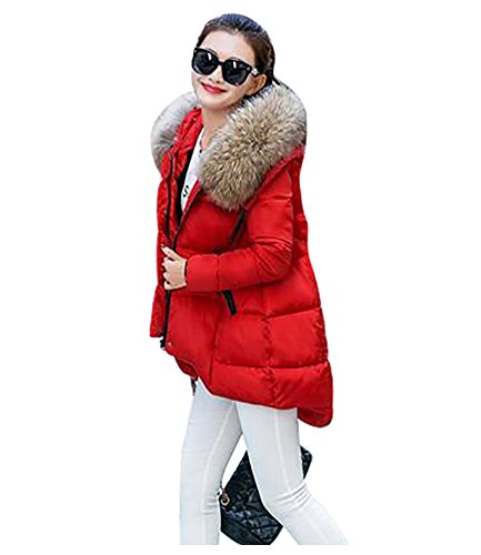 YOUJIA Mujer Casual Espesar Cálido Invierno Abrigo Acolchado Chaquetas con Capucha de Piel Sintética (Rojo, M)