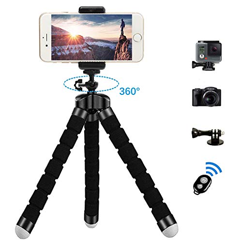 Zommuei Mini Trípode, Trípode Móvil Flexible con Bluetooth Control Remoto y Adaptador Smartphone, Piezas Gopro Portátil Trípode con Tornillo 1/4'' para iPhone, Samsung, Huawei, GoPro, Cámara Digital