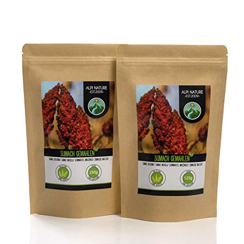 Zumaque en polvo (250g), Sumac en polvo, 100% natural, suavemente secado y molido, vegano y sin aditivos