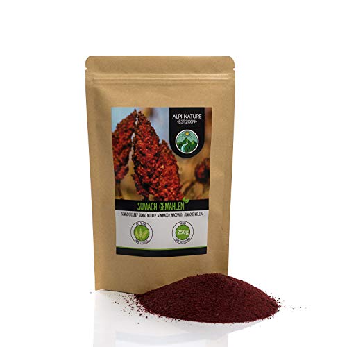 Zumaque en polvo (250g), Sumac en polvo, 100% natural, suavemente secado y molido, vegano y sin aditivos