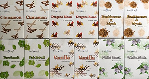 180 mixed Stamford incense cones 6 varieties 2 X Cinnamon 2 x Dragons Blood 2 x Frankincense + Myrrh 2 x Patchouli 2 x Vanilla & 2 x White Musk by Stamford