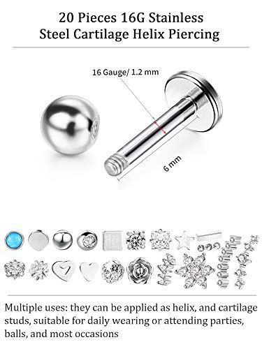 20 Piezas Perno de Nariz de Acero Inoxidable 16G Joyería de Piercing de Cartílago Labios Nariz para Mujeres Chicas(Acero)