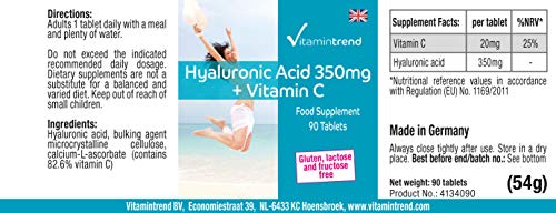 Ácido hialurónico 350mg + Vitamina C - 90 Comprimidos - Vegano - Altamente dosificado