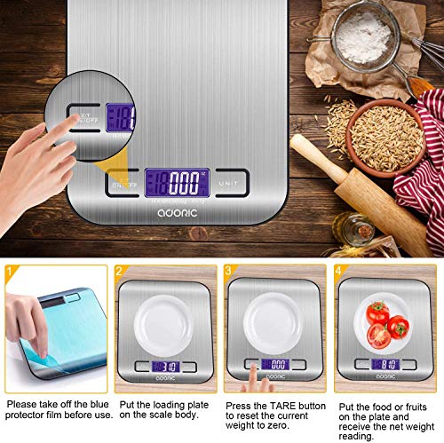 ADORIC Báscula Digital para Cocina de Acero Inoxidable, 5kg / 11 lbs, Balanza de Alimentos Multifuncional, Peso de Cocina, Color Plata (Baterías Incluidas)