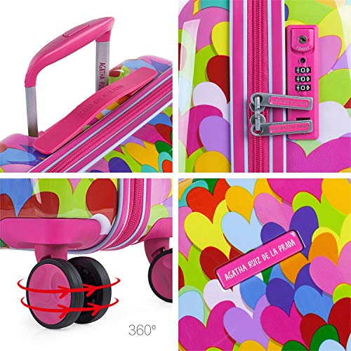 AGATHA RUIZ DE LA PRADA - Maleta de Viaje Mediana Rígida Trolley 4 Ruedas 67 cm de Policarbonato Estampado con Corazones. Resistente y Ligera. Mango 2 Asas y Candado. Estudiante 131160, Color Fucsia