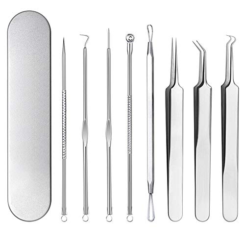 Aguja Extractor Limpiador 8 Pcs, Blackhead, Acné, Comedones Remover, Juego de Cabeza Doble de Acero Inoxidable, Acné Punto Negro Extractor Herramientas