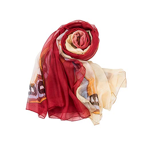 ALBERTO CABALE Sarong Pareo Seda para Mujeres en Verano, para la Playa, Bikini, Traje de Baño Flora Roja Beige