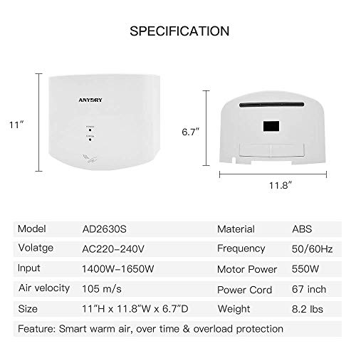 anydry AD2630S Secador de Manos Compacto automático de Alta Velocidad,Comercial y hogar,Cubierta de ABS,1400W,Blanco