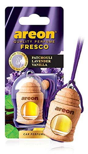 AREON Ambientador Perfume Fresco 4 ML - Pachuli, Lavanda, Aroma a Vainilla - Difusor de Botellas Colgante con Cubierta de Madera Natural, Larga duración, Juego de 3