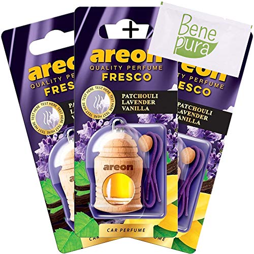 AREON Ambientador Perfume Fresco 4 ML - Pachuli, Lavanda, Aroma a Vainilla - Difusor de Botellas Colgante con Cubierta de Madera Natural, Larga duración, Juego de 3