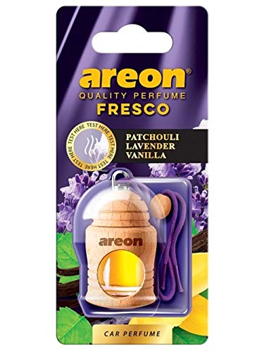 AREON Ambientador Perfume Fresco 4 ML - Pachuli, Lavanda, Vainilla Aroma - Difusor de Botellas Colgante con Cubierta de Madera Natural, Larga duración