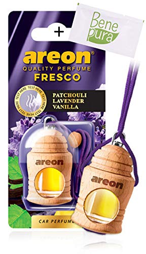 AREON Ambientador Perfume Fresco 4 ML - Pachuli, Lavanda, Vainilla Aroma - Difusor de Botellas Colgante con Cubierta de Madera Natural, Larga duración