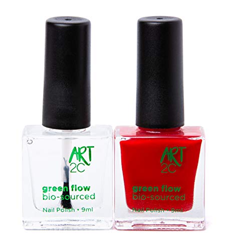 Art 2C - Esmalte de uñas puro con fórmula 85 % ecológica y vegana, paquete de 2 productos: 1 base/acabado y 1 esmalte en rojo, 2 x 9 ml