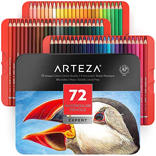 Arteza Lápices acuarelables profesionales, juego de 72, estuche de lápices de colores de dibujo artístico, tonos surtidos brillantes para colorear, mezclar y crear capas con técnicas de acuarela