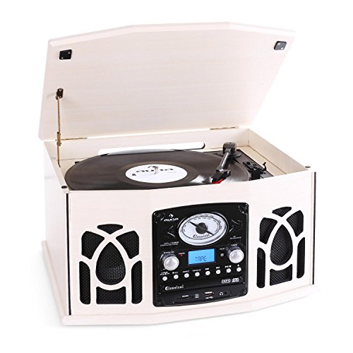 Auna 10018519 Nr-620 Tocadiscos Reproductor de Vinilos y CD, Altavoces Estéreo, Accionamiento Correa, 3 Velocidades, Máx. 45 RPM, Sintonizador Radio FM, USB SD, Control Remoto, Crema