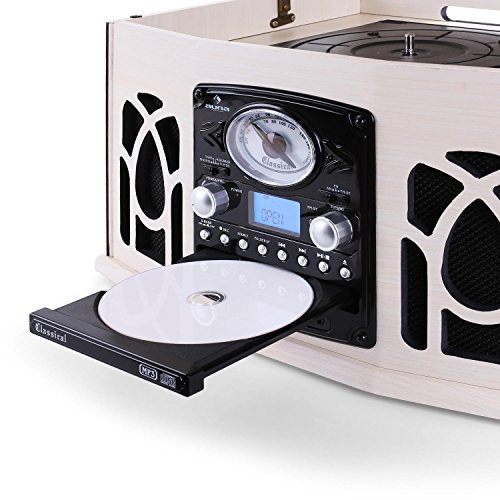 Auna 10018519 Nr-620 Tocadiscos Reproductor de Vinilos y CD, Altavoces Estéreo, Accionamiento Correa, 3 Velocidades, Máx. 45 RPM, Sintonizador Radio FM, USB SD, Control Remoto, Crema