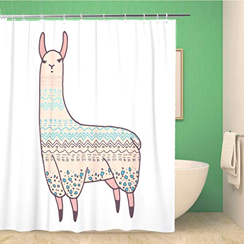 Awowee - Cortina de Ducha con diseño de Llama, Tinta de Alpaca, Dibujo de Animales, 180 x 180 cm, Tela de poliéster Impermeable, Juego de Cortinas de baño con Ganchos para baño