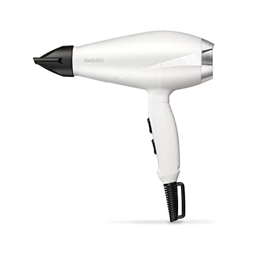 BaByliss 6704WE Secador de pelo, motor AC 2000W, 2 velocidades y temperaturas, aire frío, incluye boquilla estrecha 6mm, filtro trasero desmontable, cable profesional 2.8 m, peso ligero 455 g, blanco