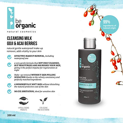 Be Organic - Leche limpiadora con goji y bayas acai, 200 ml – desmaquillador natural suave e impermeable, añade vitalidad a tu piel. 99% ingredientes de origen natural Vegana, hipoalergénica.