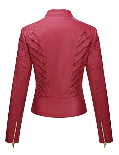 Bellivera Chaqueta de Cuero PU para Mujer, Chaqueta con Bolsillos con Cremallera, Chaqueta corta Para el Otono, Primavera, Rojo, XL